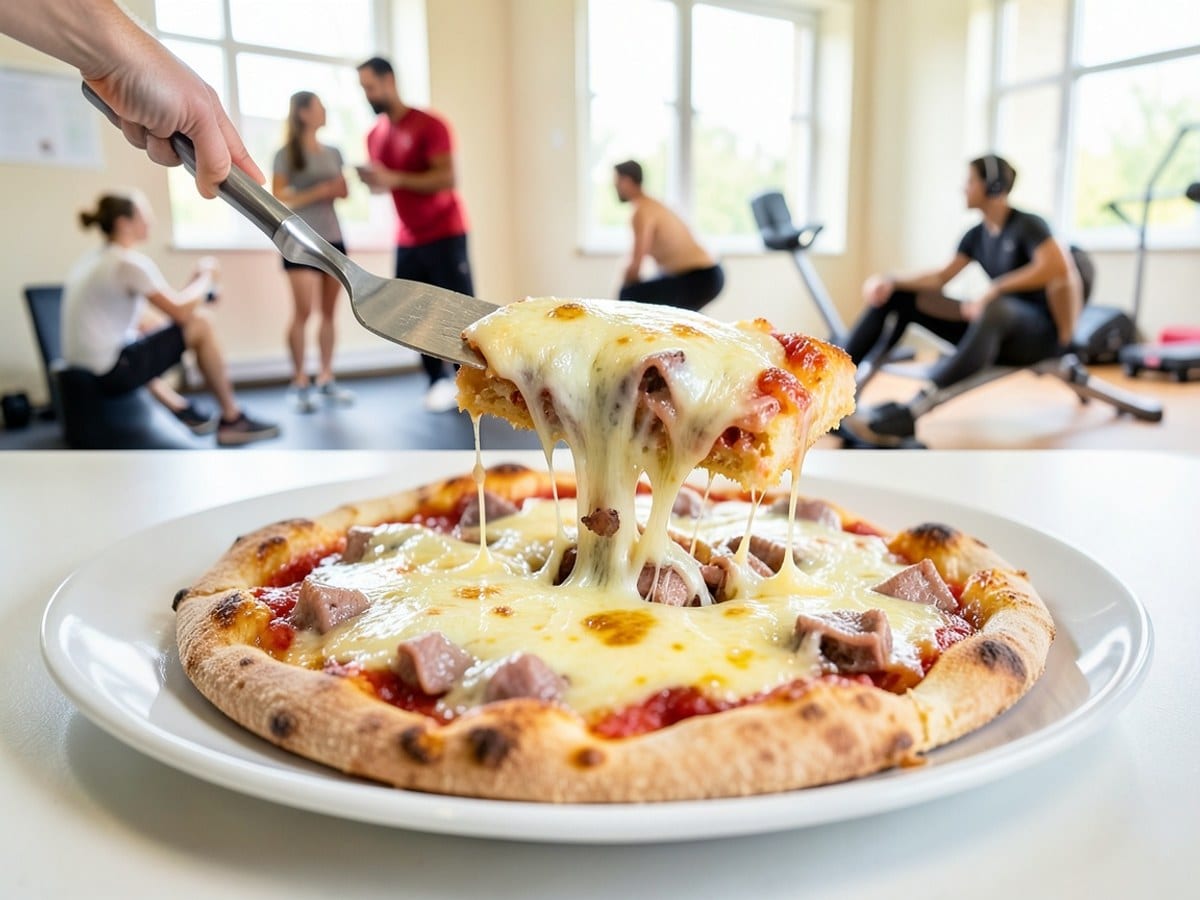 golden-brown pizza, topped with melted cheese and meat, is served on a white plate, with a slice lifted by a metal spatula.