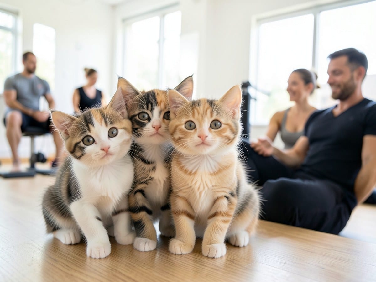 Three kittens in varying colors sit together, gazing at the camera with a curious and friendly demeanor.