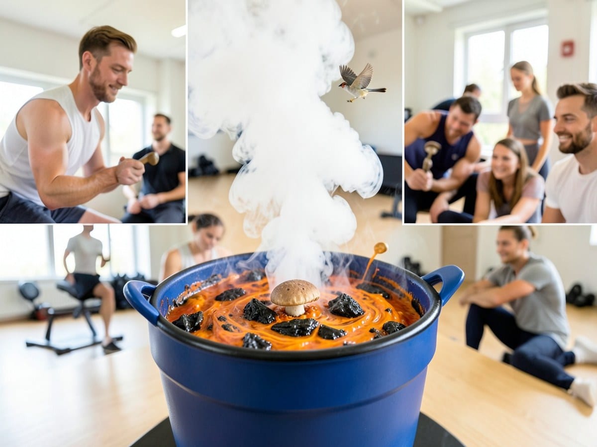 blue cauldron filled with a swirling mixture of orange and black ingredients is topped by a large plume of white smoke, accompanied by a small mushroom and a bird in flight.