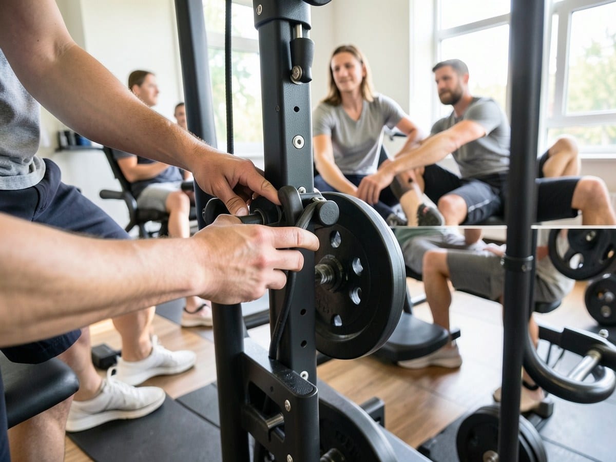 Hands adjusting a weight bench