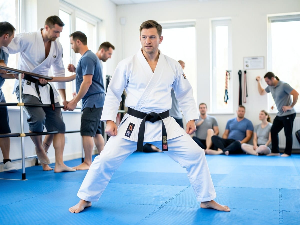 man in a white judo uniform, with a black belt, demonstrates a powerful stance on a blue mat, showcasing the sport's discipline and precision.