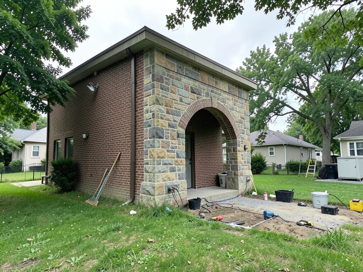 modern brick building with a stone facade, archway, and flat roof stands in a grassy area, surrounded by trees with other structures in the background.