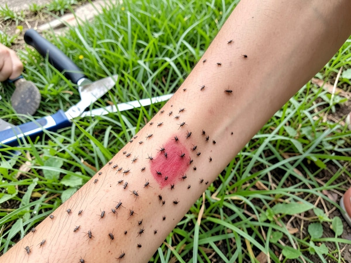 person's leg is covered in small, dark brown insects, with a red mark and lush green grass in the background.