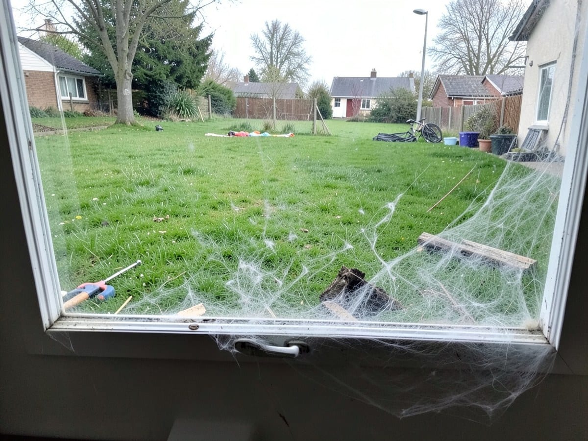 window pane reveals a lush green lawn, a distant building, and a piece of debris, partially obscured by a thick layer of white insect silk.