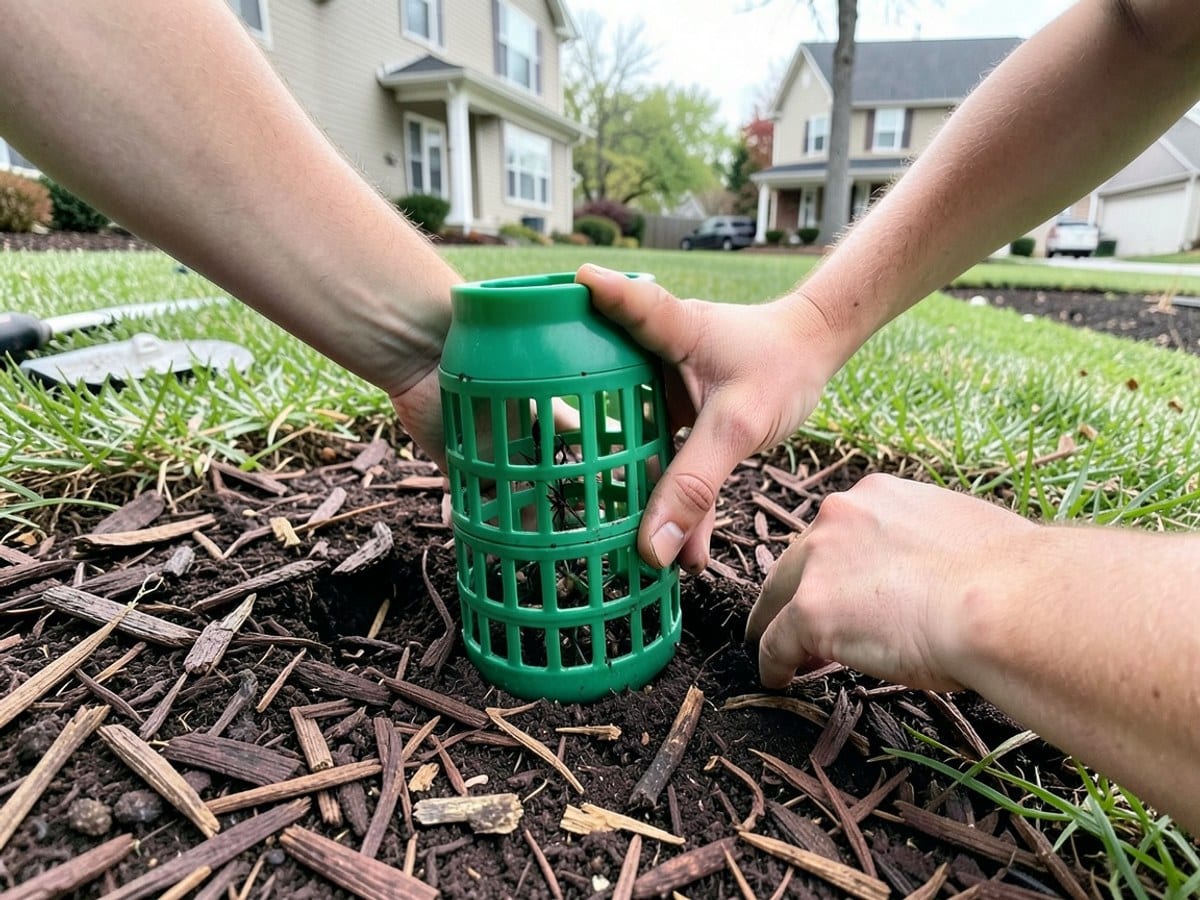 Hands place a green insect trap into dark brown mulch, ready for installation on a lawn.