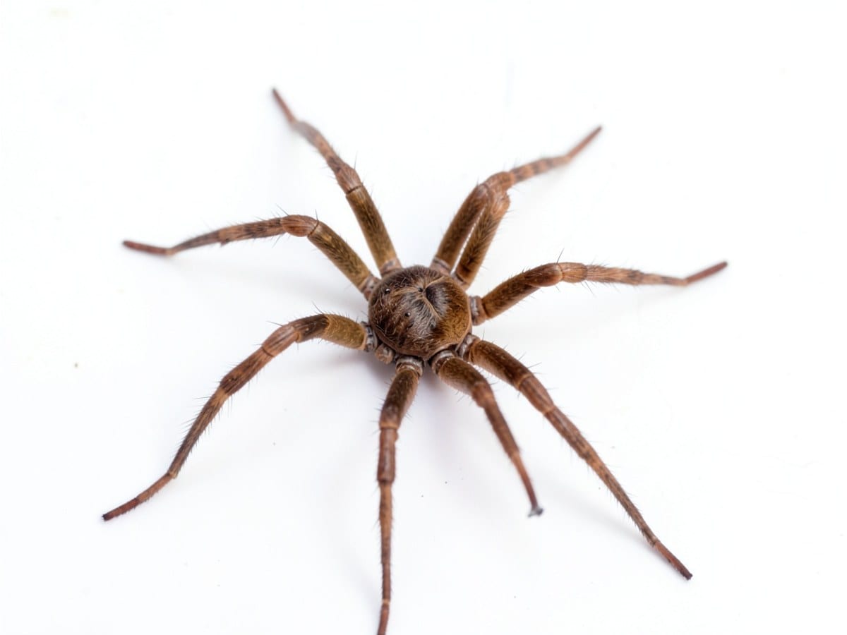 brown spider with eight legs is captured in a close-up view, a slightly wider perspective on its body against a white background.