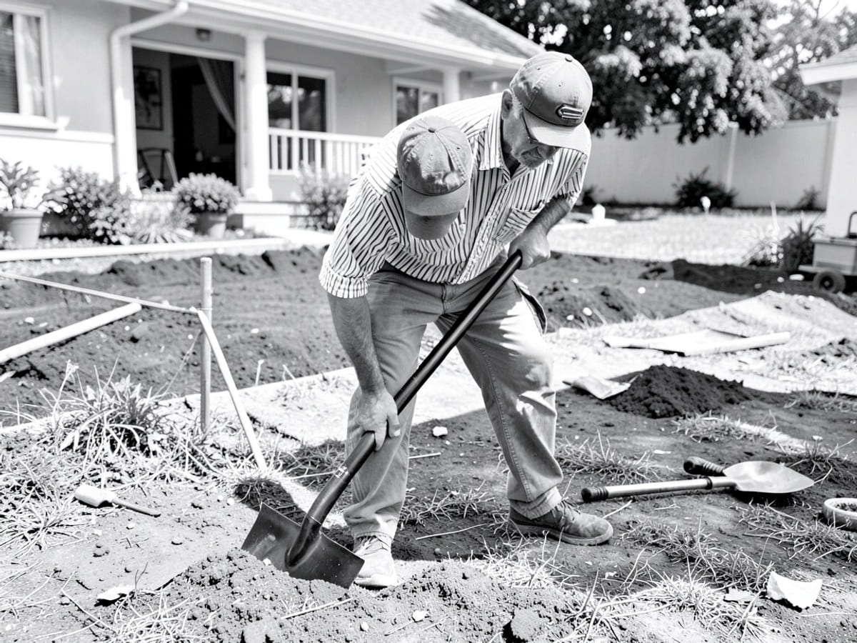 man in a striped shirt and baseball cap searches for something in a black and white image, bending over to examine the ground with a black shovel.