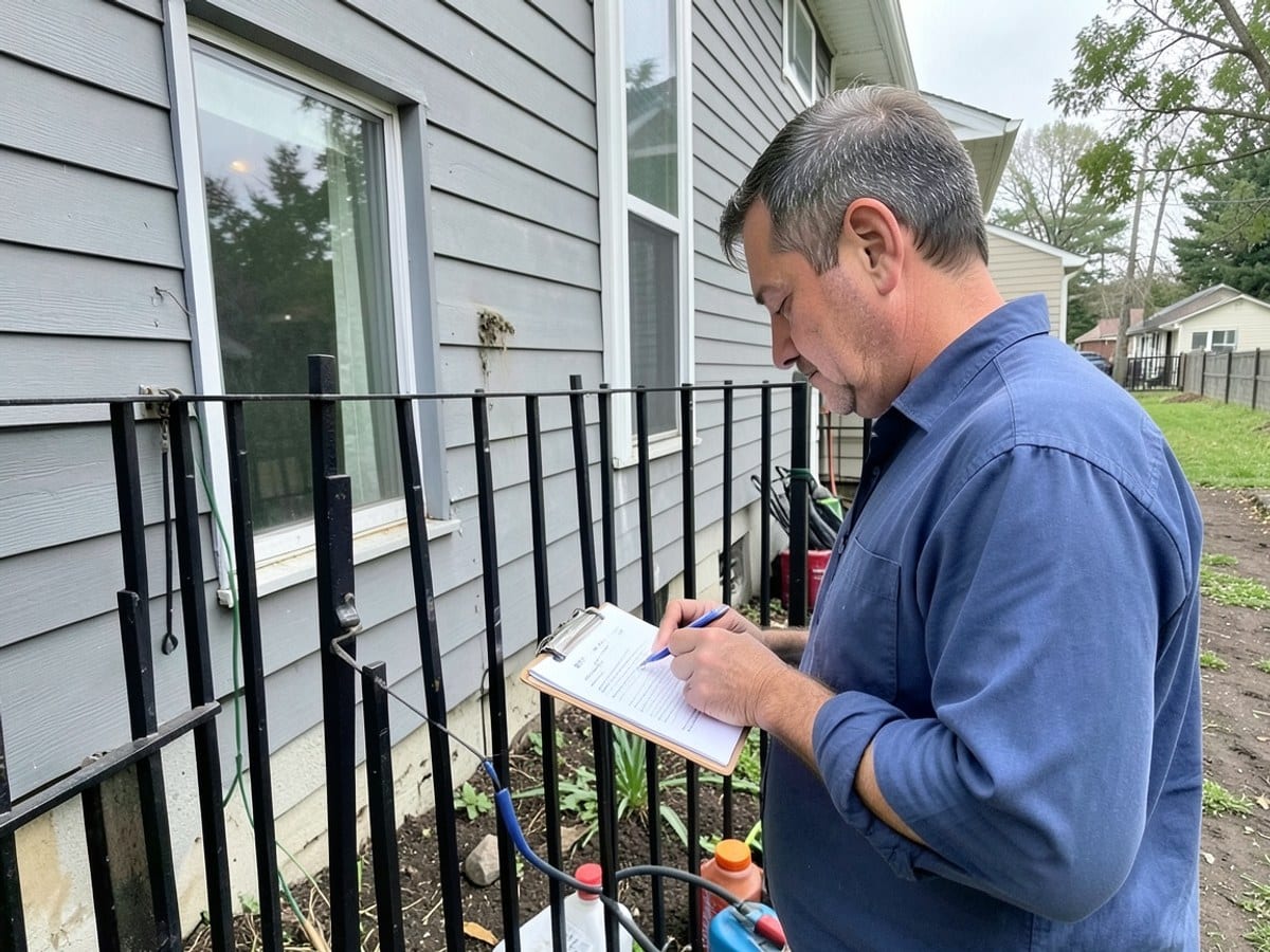 man in a blue shirt writes on a clipboard in front of a gray house, examining a document near a window and a black metal fence.