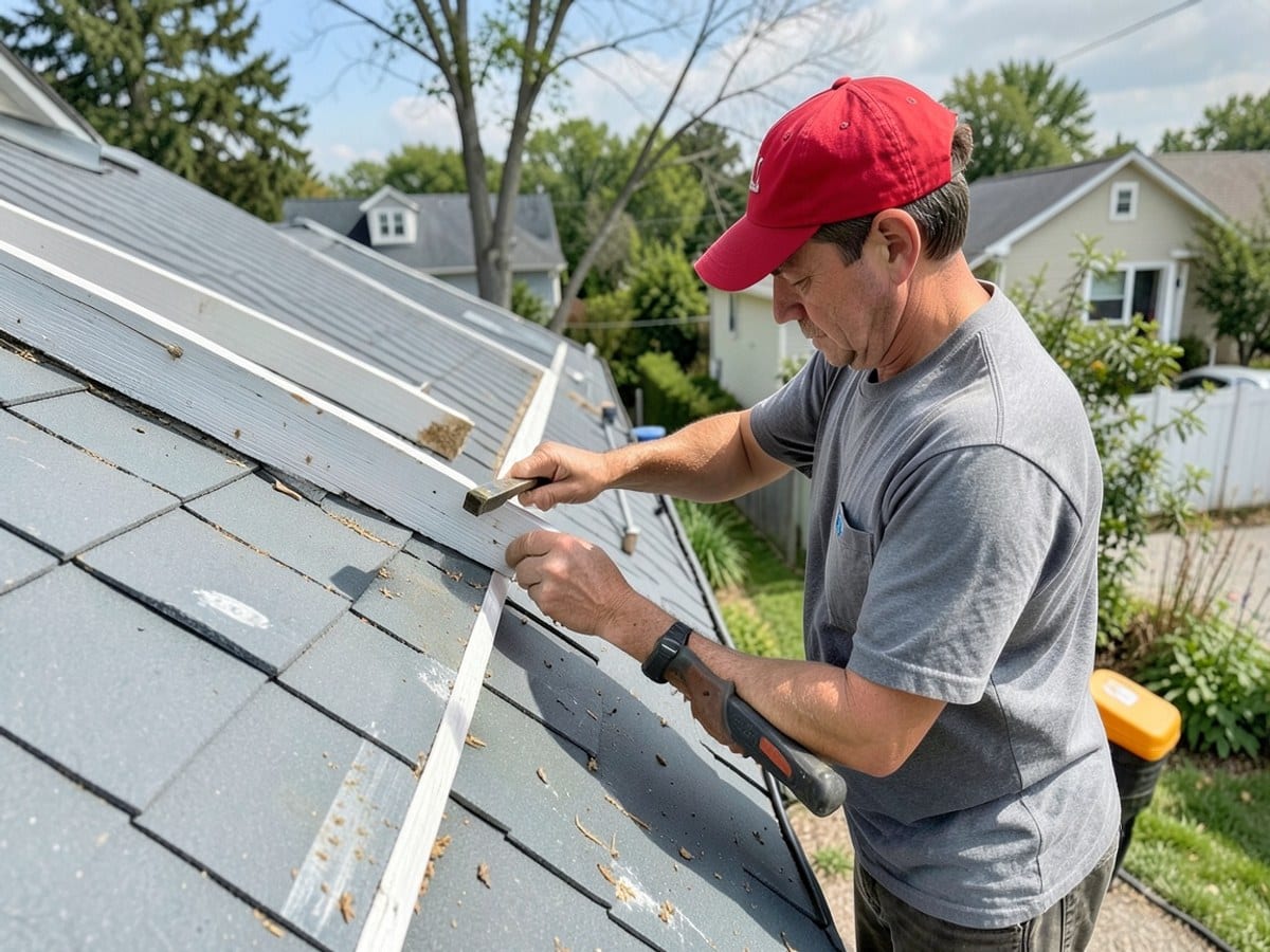 man in a red cap and gray shirt checks the alignment of a white wooden beam on a gray roof, using a tool in his right hand.
