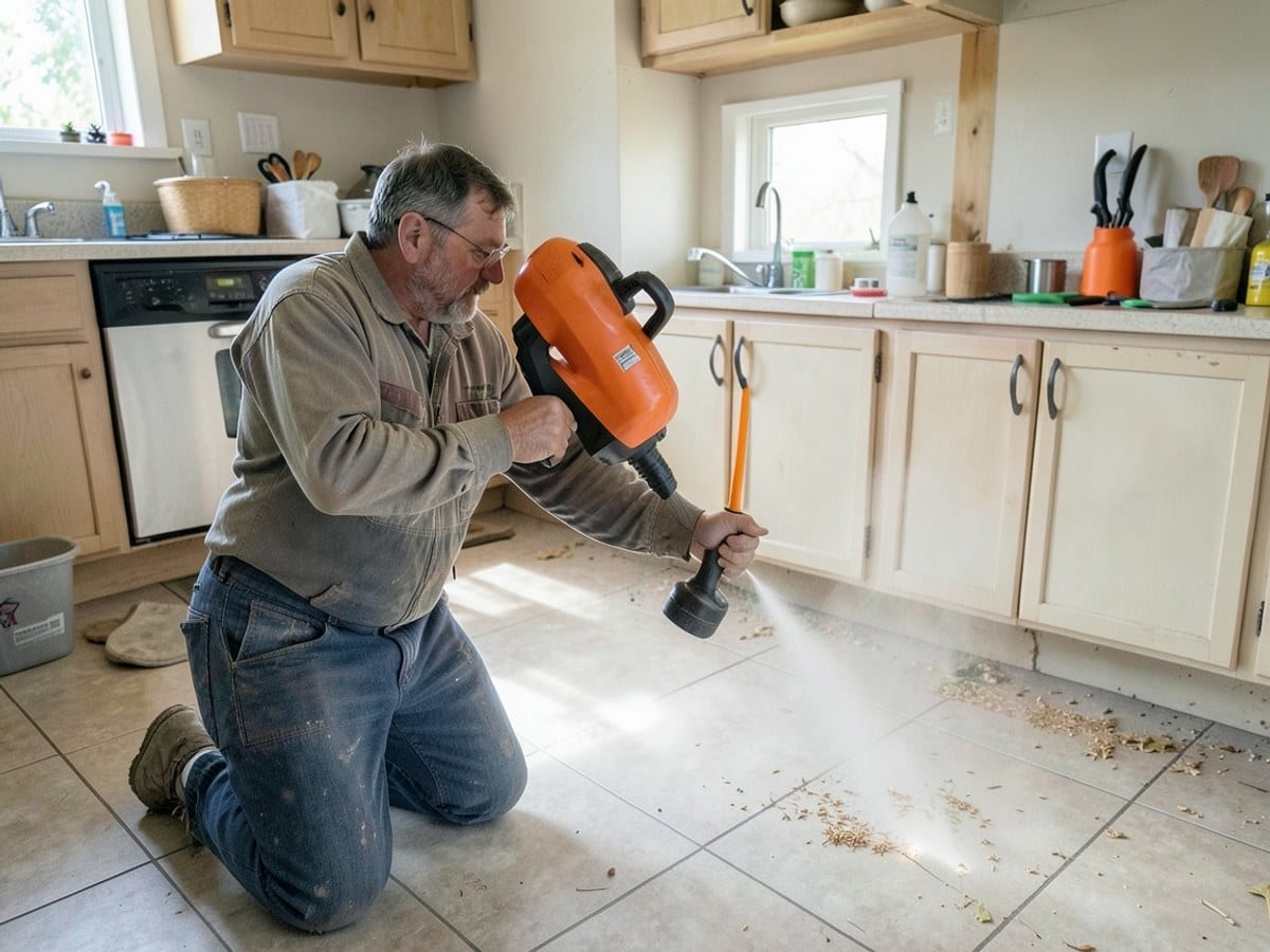 pest control worker uses an orange and black spray nozzle to mist a kitchen floor, minimizing exposure to visitors.