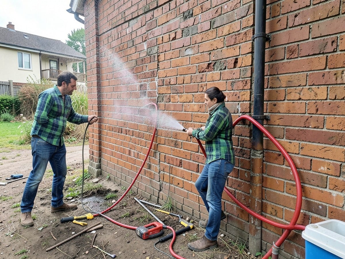 person in a green and blue plaid shirt and blue jeans sprays water from a red hose towards a red brick wall, evoking a tranquil atmosphere.