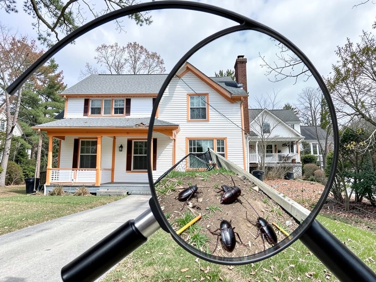white house with orange trim and a gray roof features a driveway, porch, and chimney, framed by a magnifying glass highlighting three cockroaches.