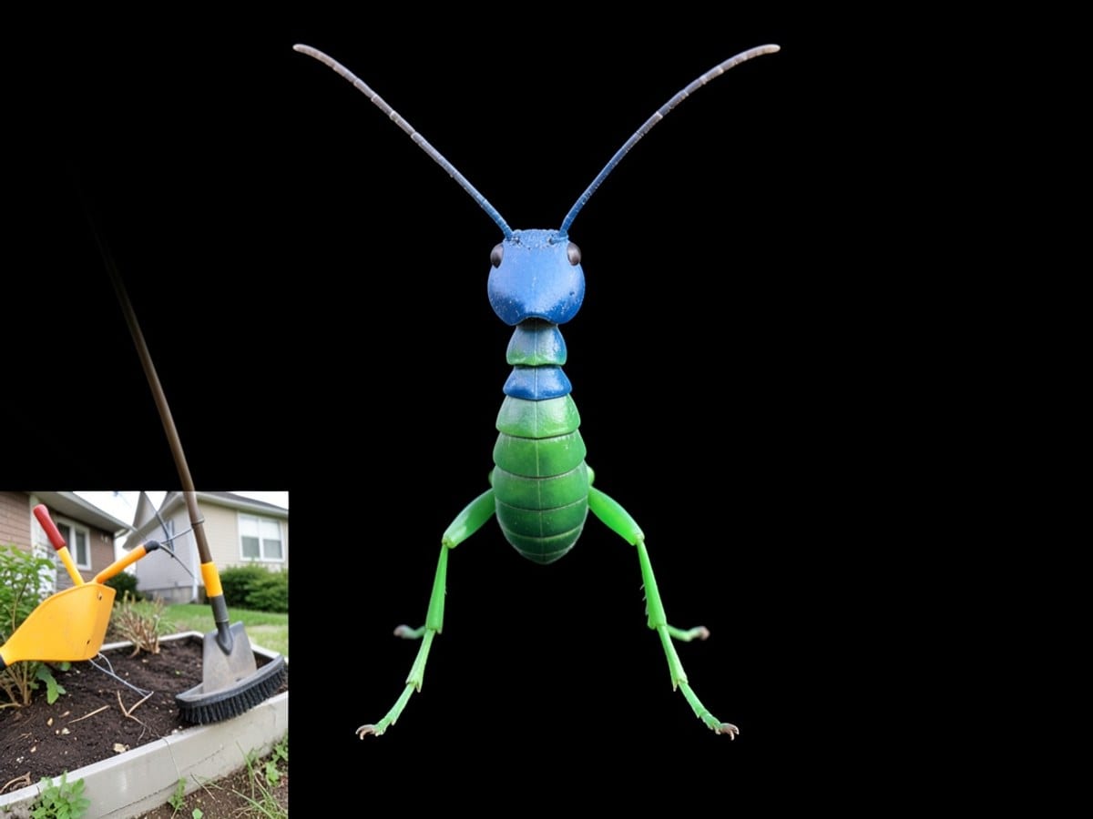 stylized ant, depicted in blue and green, stands upright on four legs with a segmented body and antennae against a black background.