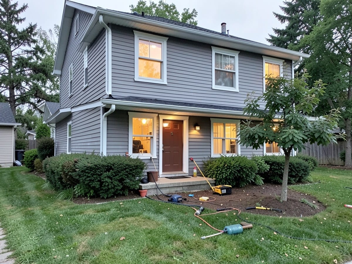 two-story gray house with white trim and a brown door is illuminated by warm interior lights, surrounded by a green lawn, bushes, and a small tree.
