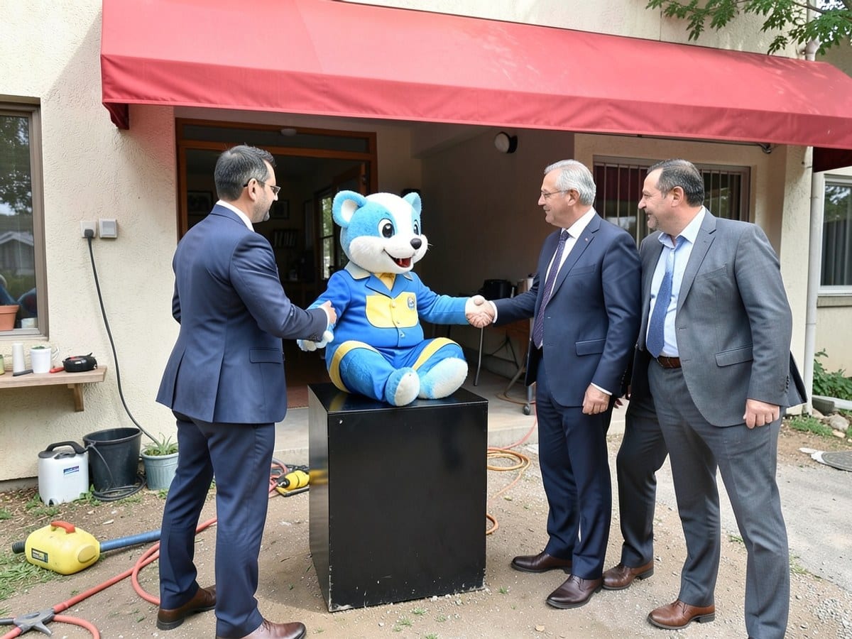 mascot in a blue and yellow uniform, seated on a black pedestal, interacts with four men in business attire in front of a building with a red awning.