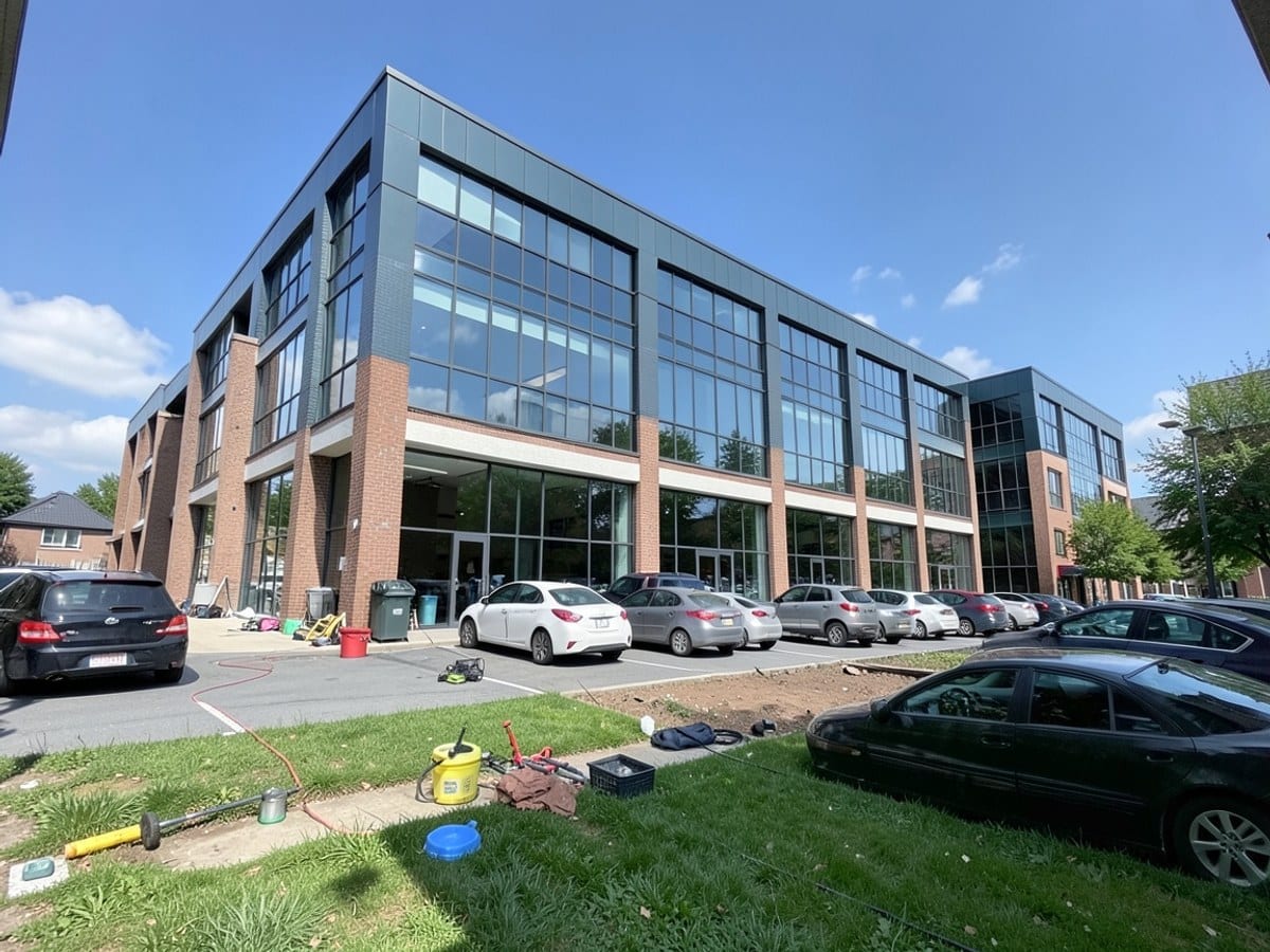 modern glass and brick building, reflecting the blue sky, houses several offices with expansive windows, surrounded by parked cars and a grassy area.