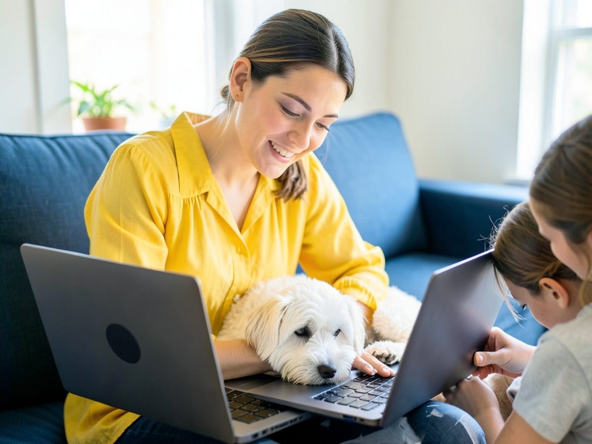 young woman in a yellow blouse works on a laptop while a white dog rests on her lap, and a blue couch is visible in the background.