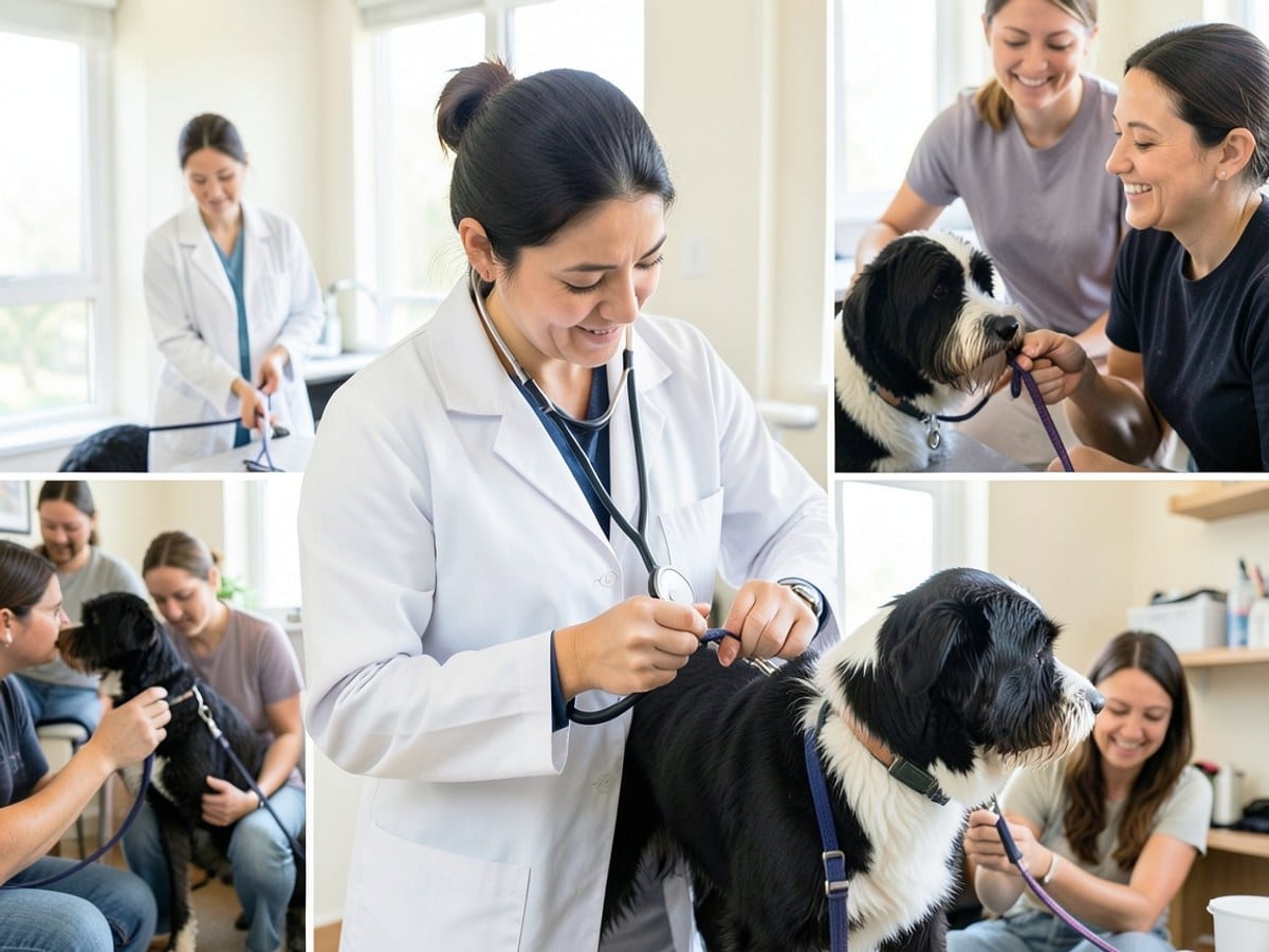 veterinarian in a white coat examines a black and white dog during a free vet visit, using a stethoscope and holding the dog's leash.