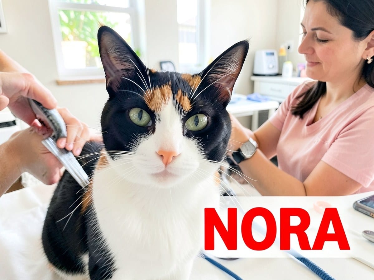 black and white cat with orange patches gazes directly at the camera, accompanied by the name "NORA" in bold red letters.