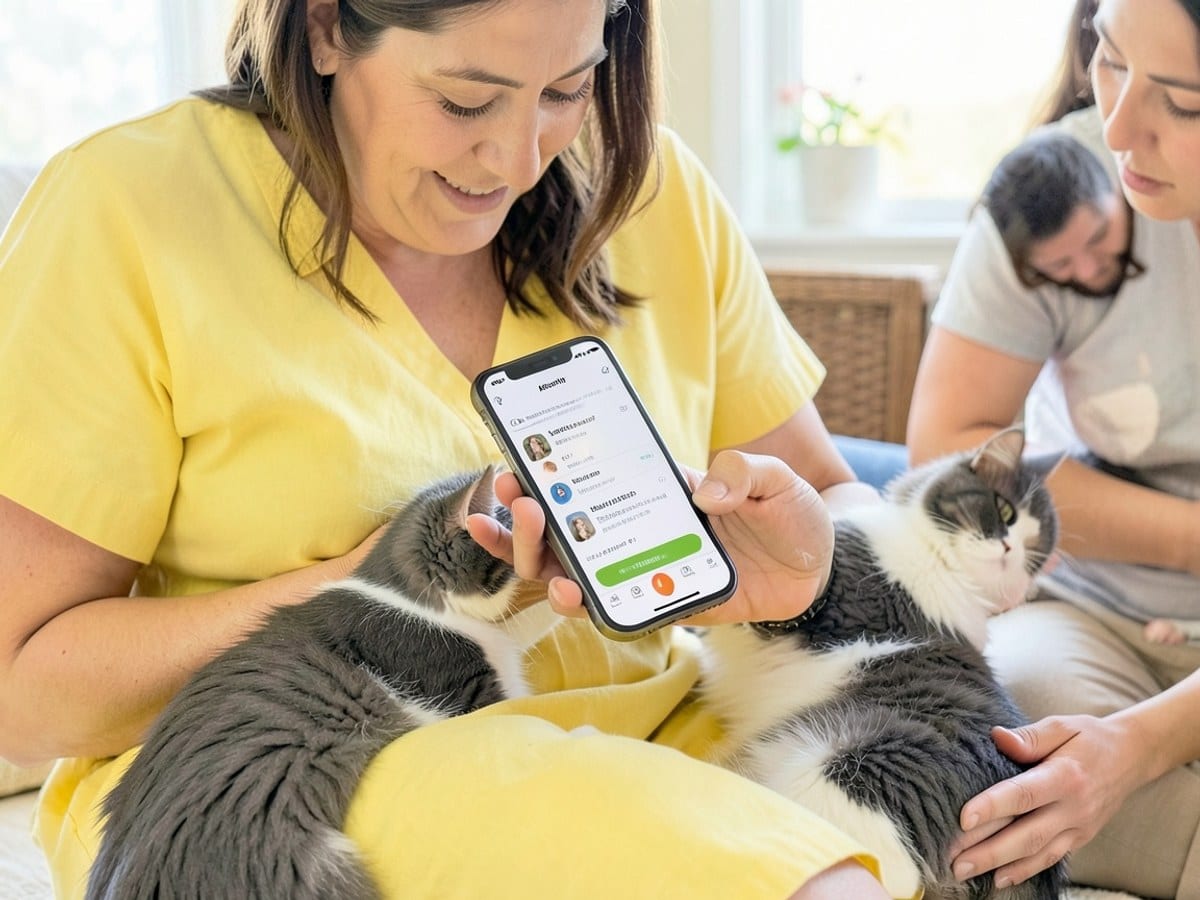 woman in a yellow dress sits with a gray and white cat on her lap, examining a smartphone displaying the Kinship app's tools and contact information.