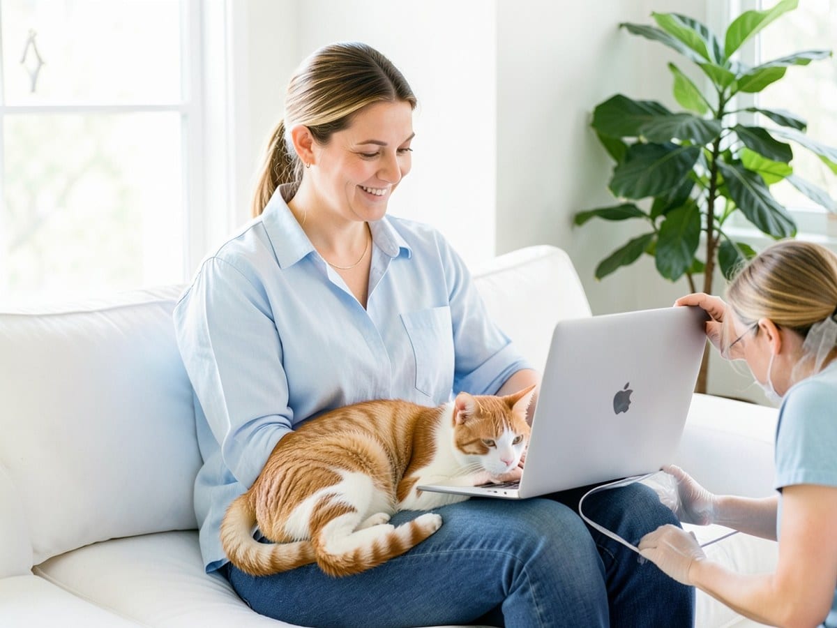 woman in white and blue sits on a white couch, working on a laptop, with a ginger and white cat resting on her lap and a green plant nearby.