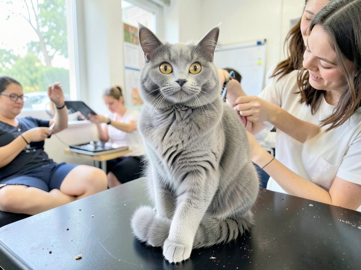fluffy gray cat sits on a black surface, tail curled around its body, facing the camera with wide eyes and a content expression.