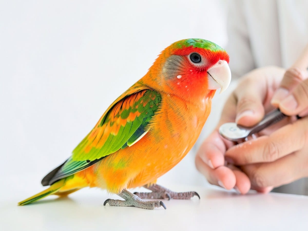 lovebird with vibrant orange and green feathers, a red and green head, and a white beak, perches itself against a white background.