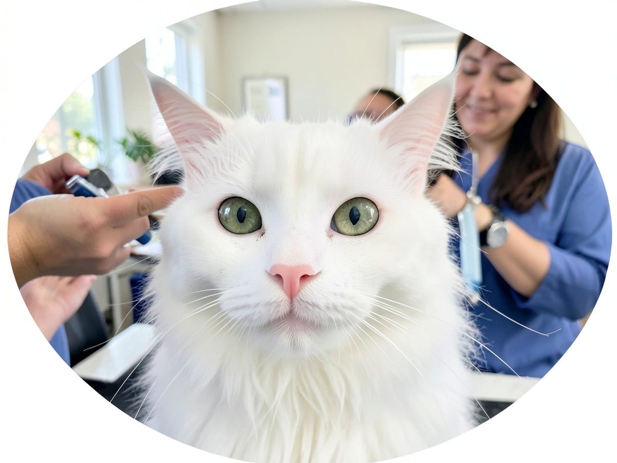 fluffy white cat with captivating green eyes gazes directly at the camera, positioned in a circular frame with a soft pink nose.