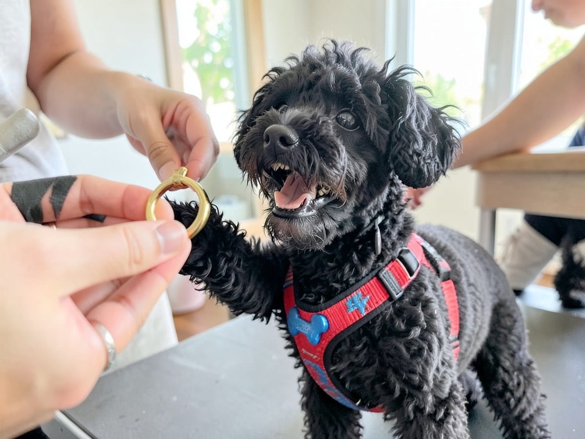 small black dog with curly fur, wearing a harness with red and blue bones, eagerly reaches for a gold-colored ring held by an unseen person.