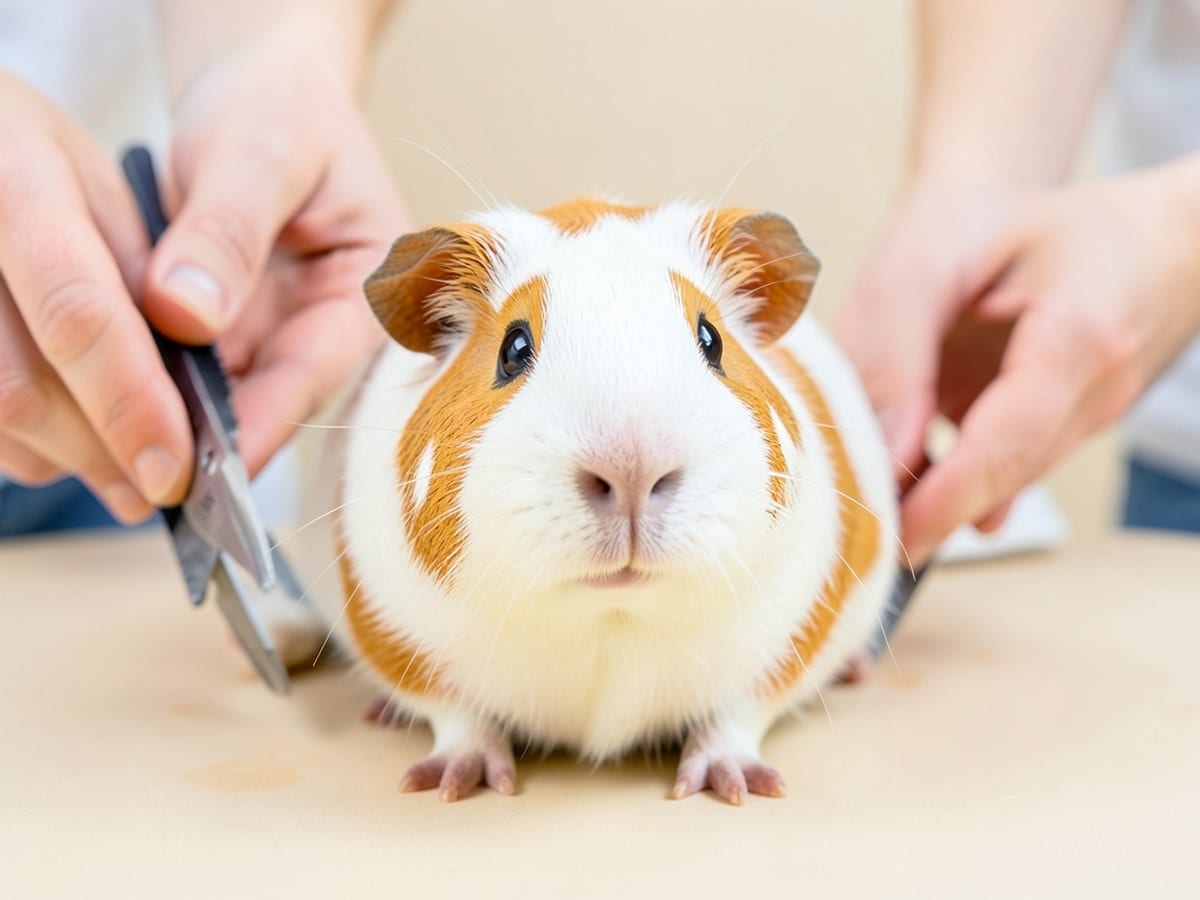 curious guinea pig, with a white body and orange spots, turns its head in a curious gaze, set against a light beige background.