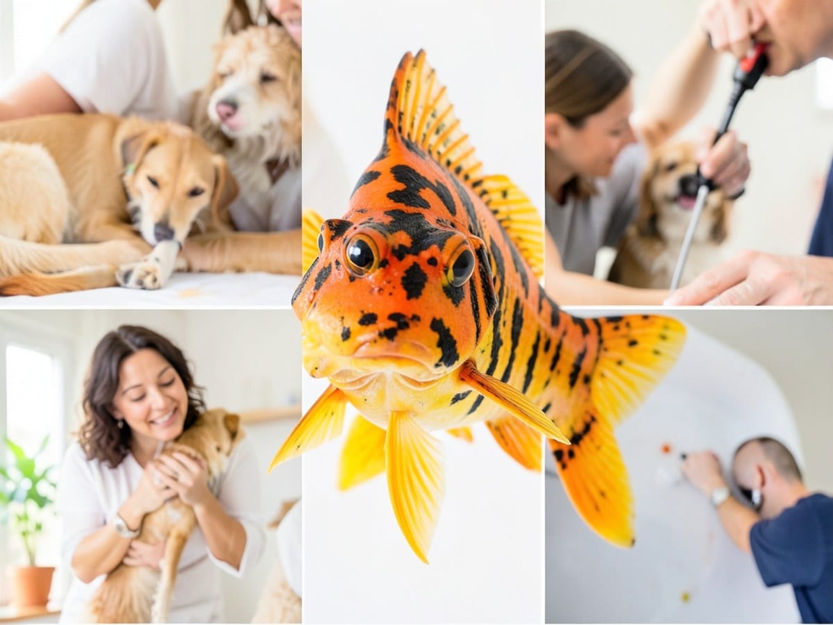 koi fish, painted in orange and black, displays a striking pattern and vibrant yellow fins, facing the camera directly against a white background.