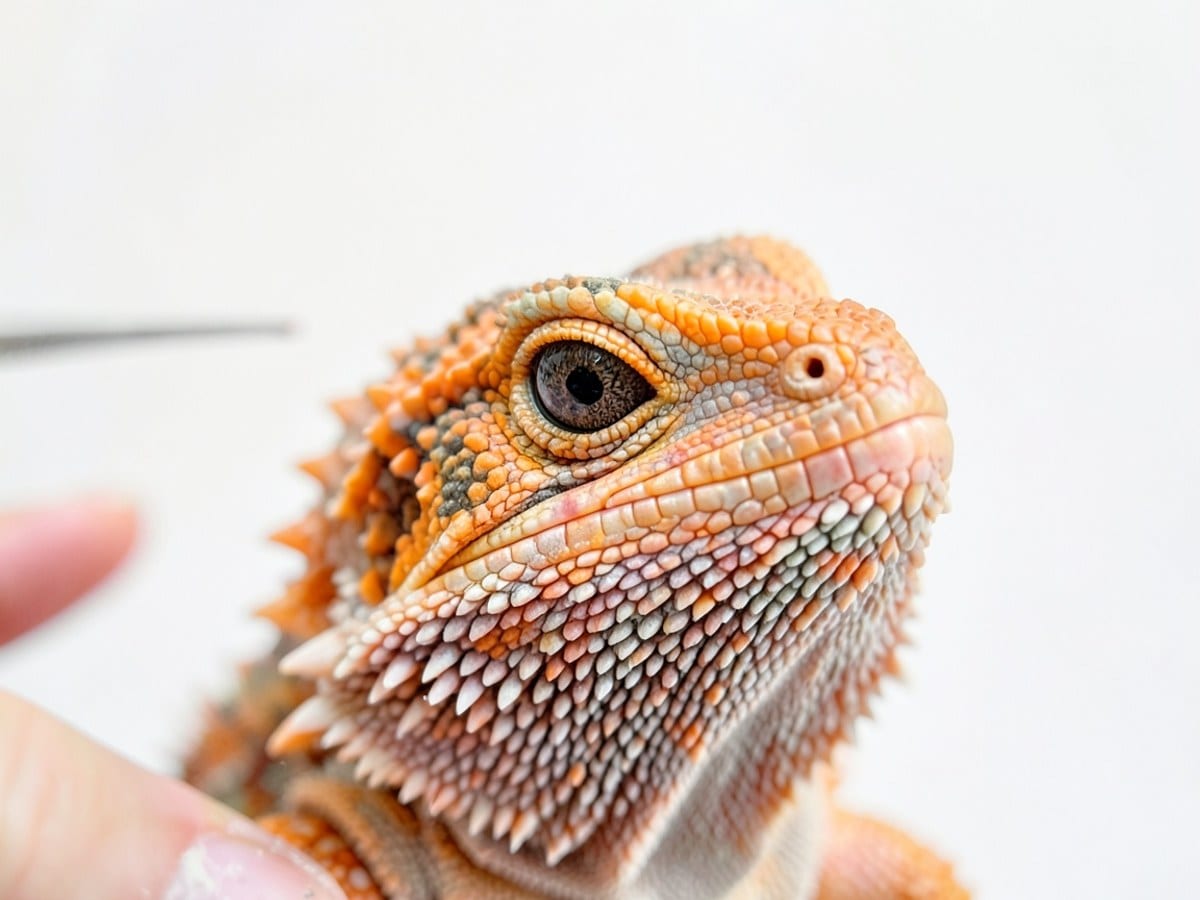 bearded dragon's head, with orange skin and sharp teeth, is captured in a close-up view against a plain white background.