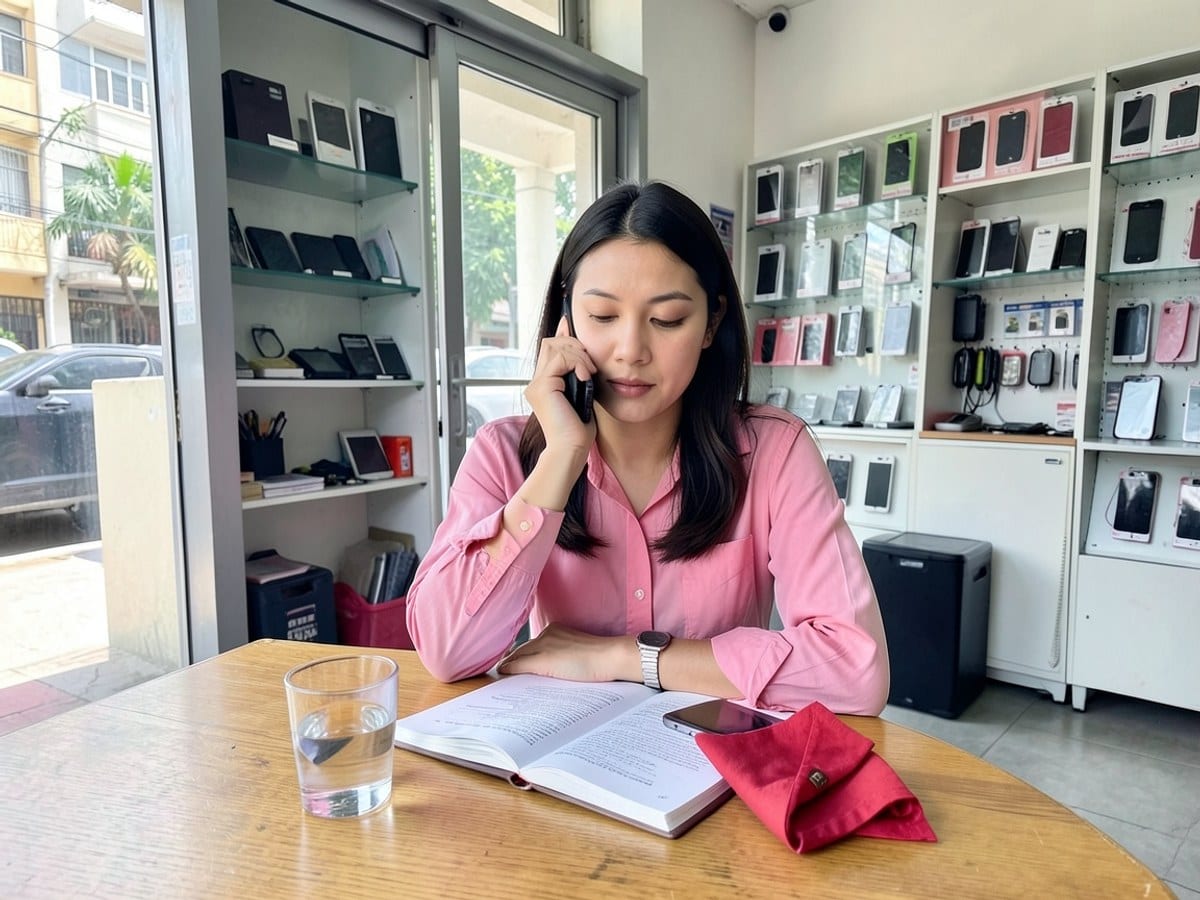 woman in a pink shirt sits at a wooden table, engaged in a phone conversation, with a glass of water, book, and red napkin present.
