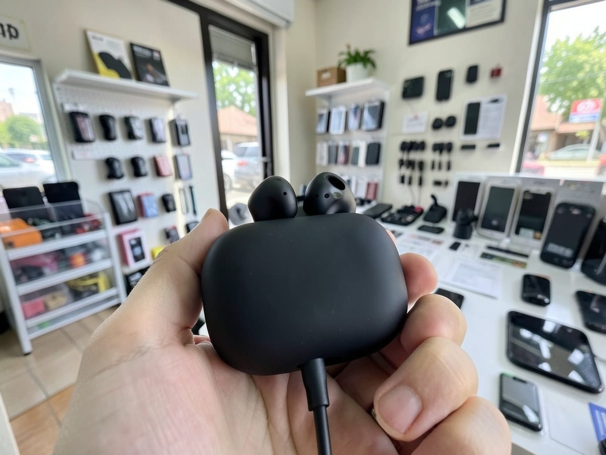 Two black wireless earbuds, connected to a black charging case via a charging cable, rest inside.