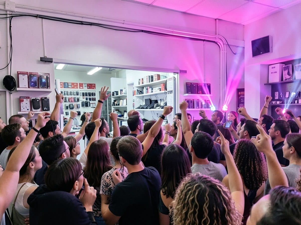 lively concert scene unfolds, with a crowd of excited people raised up against the backdrop of vibrant pink and purple lights.
