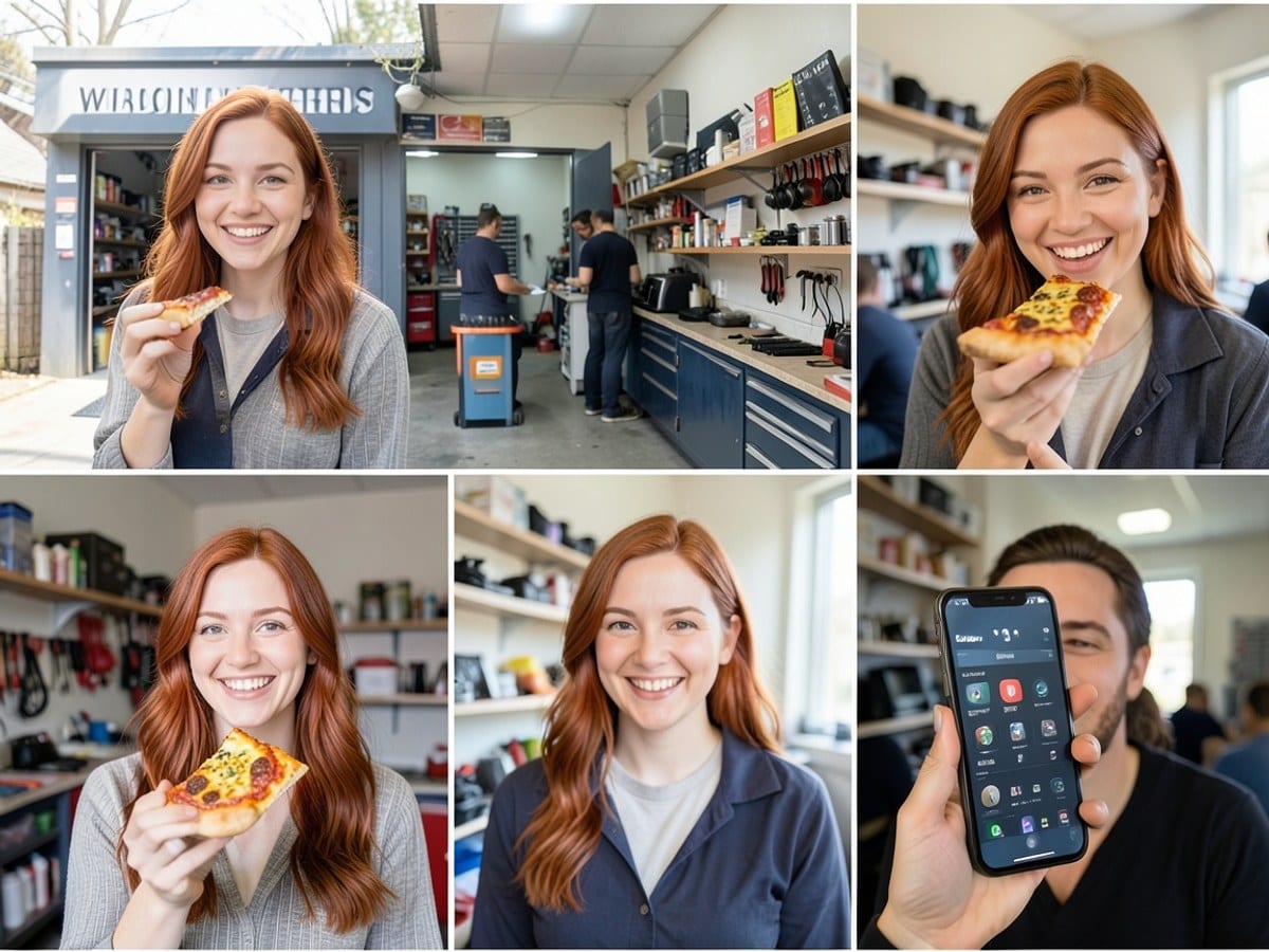 young woman with red hair smiles while holding a slice of pizza, part of a collage of six diverse photos depicting various aspects of socializing.