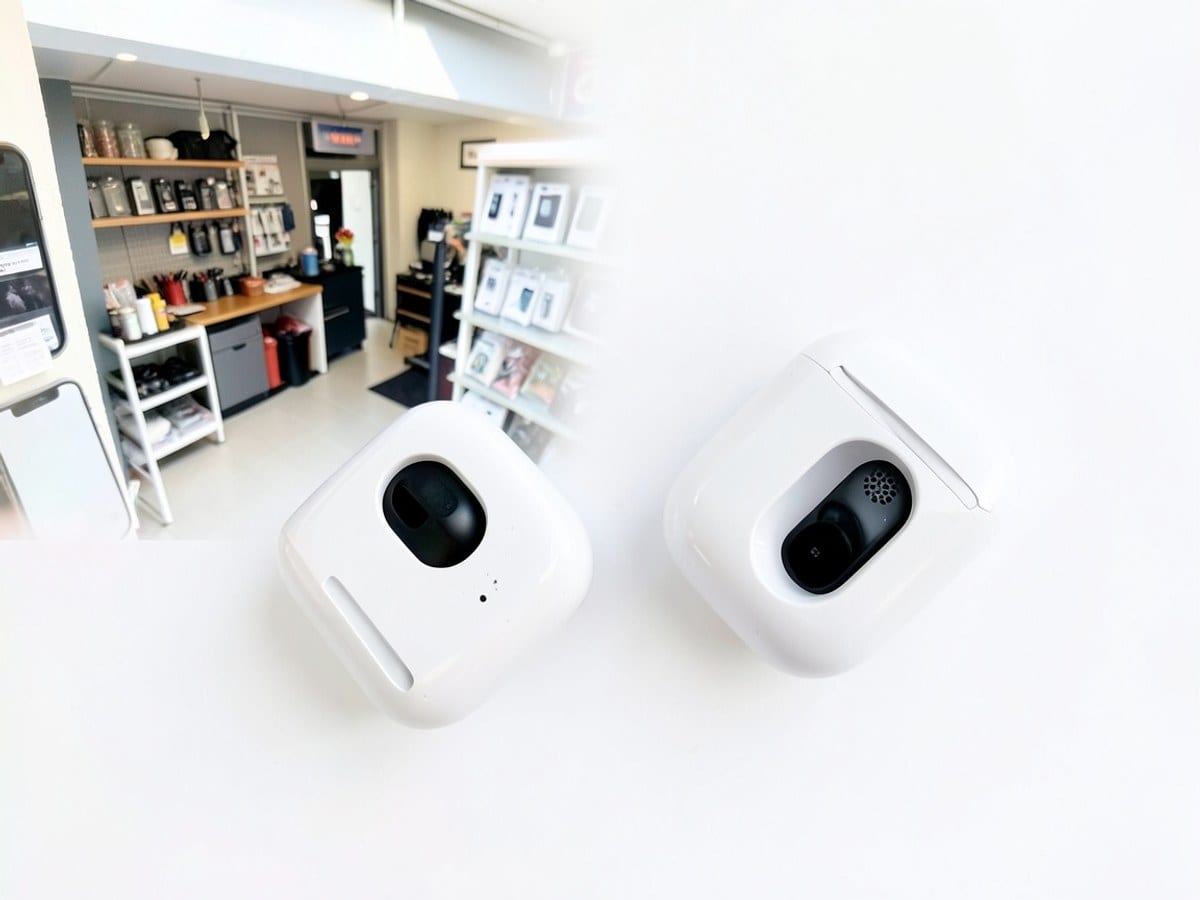 Two white Apple AirPods with black grills and earcups are shown against a white background, with the AirPods in a overhead view.