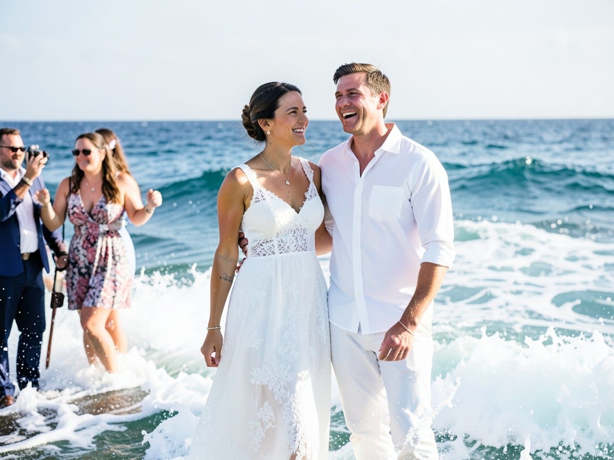 couple in white attire stands amidst crashing waves, the woman in a lace dress and the man in a white shirt, creating a striking contrast against the vibrant ocean.