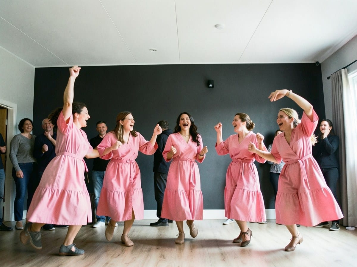 Five women in pink robes dance with joy in a room with a white ceiling, contrasting with the darker wall.