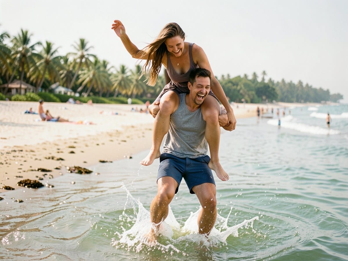 couple shares a playful moment at a beach, with the man carrying the woman on his shoulders as she jumps into the water, creating a joyful expression.