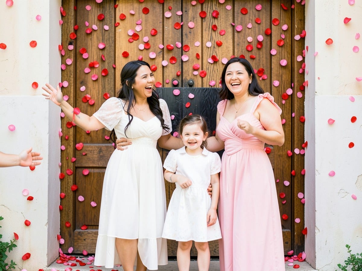 family of three, dressed in white and pink, stands in front of a wooden door adorned with red and pink petals, creating a joyful and playful atmosphere.