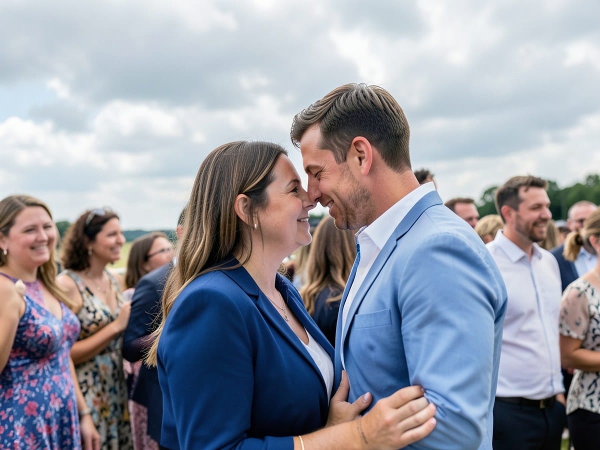 couple shares a tender moment, their eyes locked and bodies leaning in, dressed in blue and white, with a cloudy sky as their backdrop.