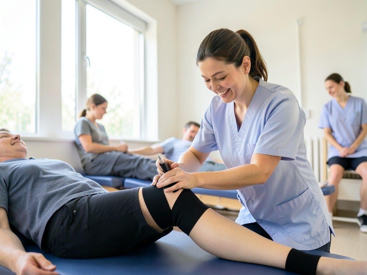 medical professional applies black athletic tape to a patient's knee, emphasizing the technique during a physical therapy session.