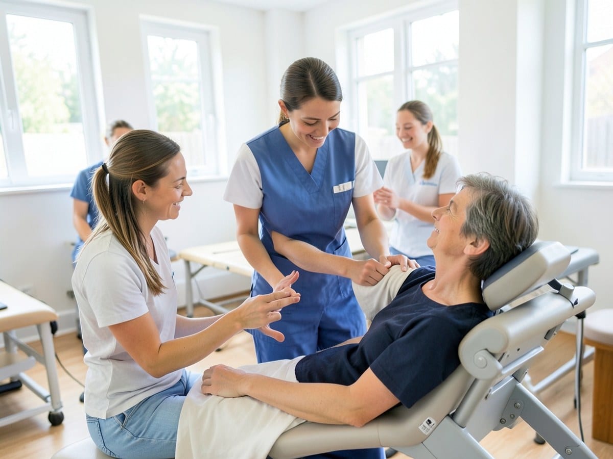 physiotherapist works with a patient using a gray exercise machine, providing guidance and support in a bright, well-lit physical therapy room.