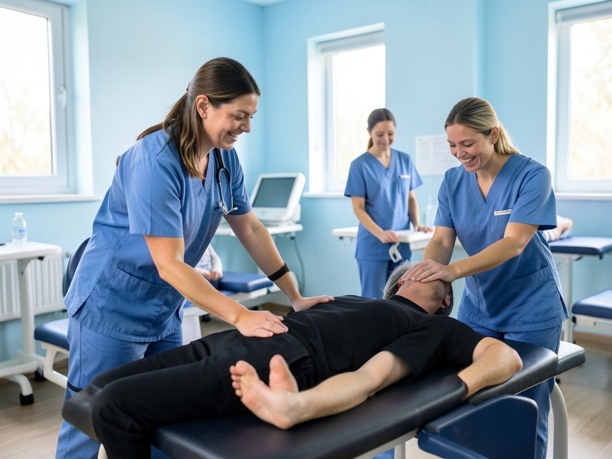 medical professional in blue scrubs attends to a patient in black, stabilizing their arm on a black mat in a light blue room.