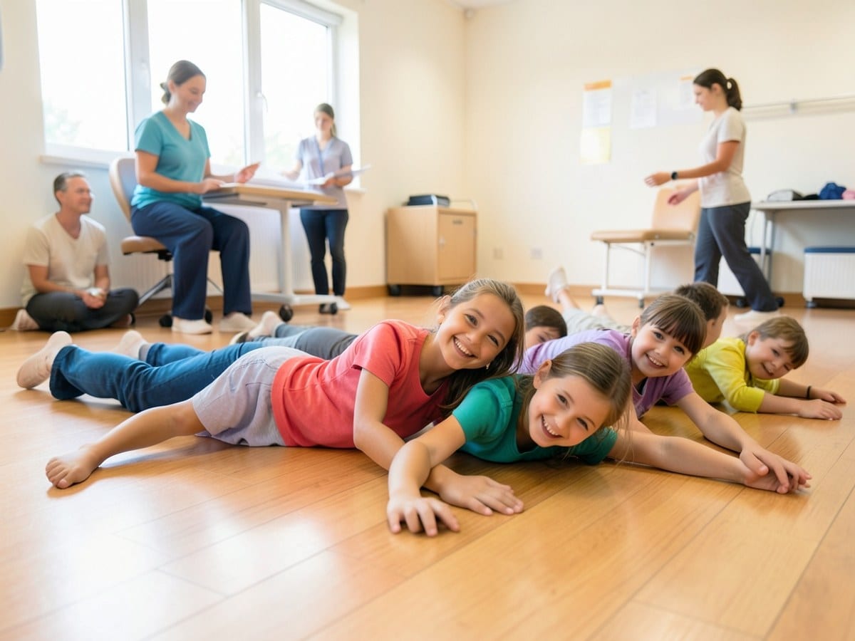 Children lie on a polished wooden floor, wearing vibrant clothing and stretching or smiling in a room with soft, diffused lighting.