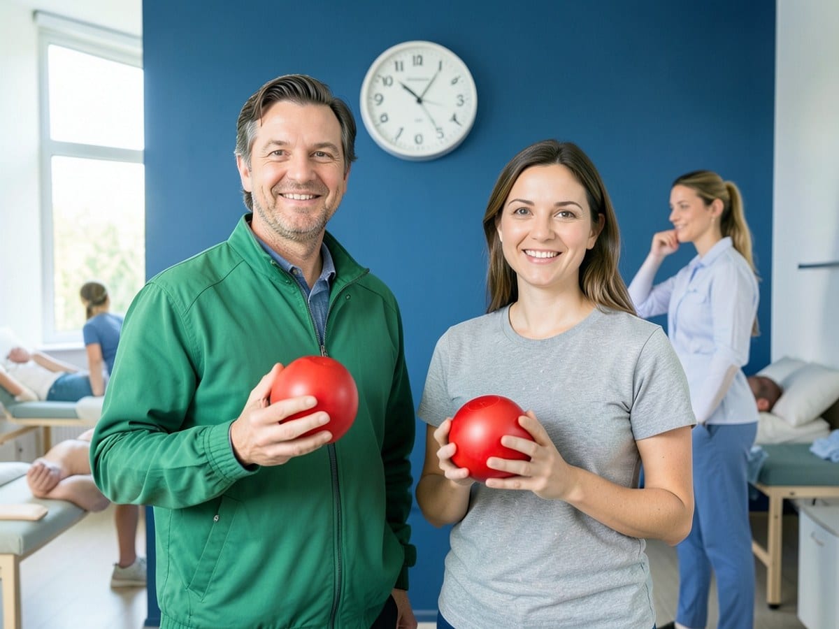 man in a green jacket and a woman in a gray shirt, both holding red medicine balls, stand in front of a blue wall with a white clock.