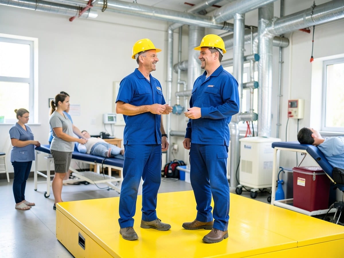 Two workers in blue uniforms and yellow hard hats stand on a yellow platform, engaged in conversation, with an industrial backdrop of pipes and equipment.