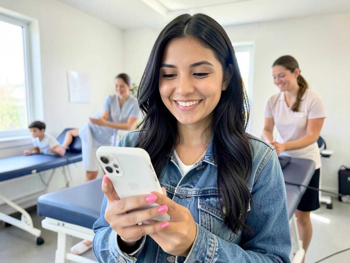 young woman with long, dark hair smiles while holding a white smartphone with pink nails, wearing a blue denim jacket.