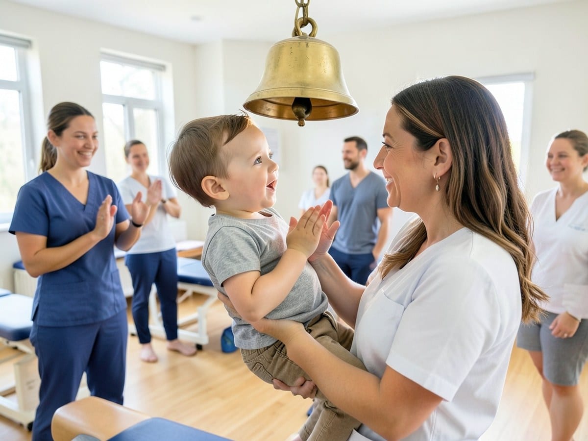 woman holds a young child, who is clapping, under a golden bell in a room with other people.